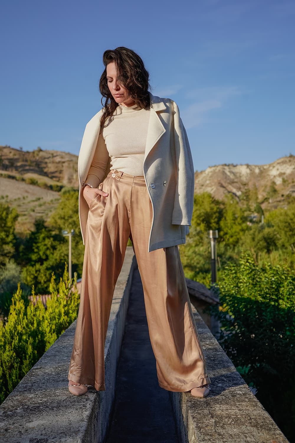 Pantalone Gabriela cupro giacca Benedetta lana cotone malia lab atelier moda sostenibile artigianale