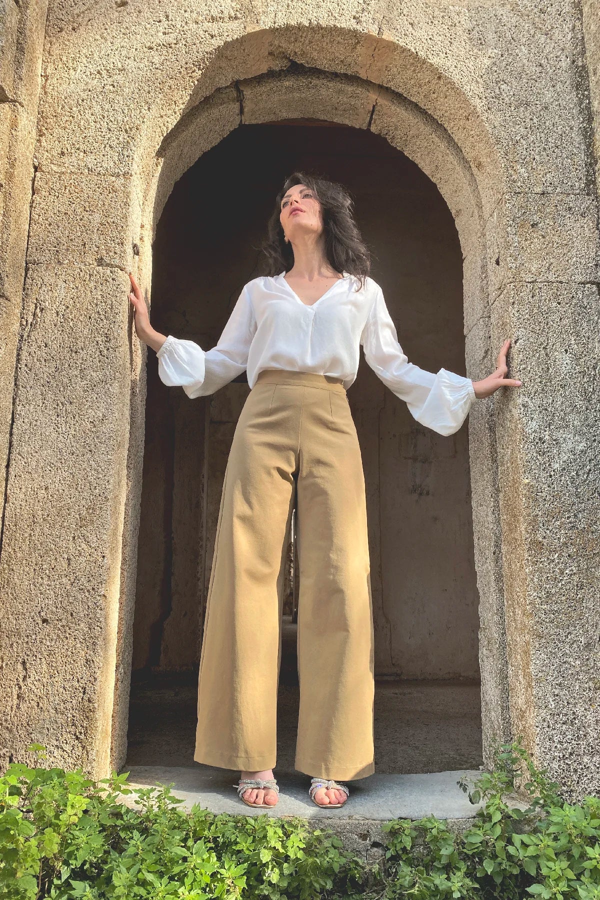 Pantalone palazzo Frida cotone Camicia Alice lyocell abbigliamento sartoriale sostenibile brand etico malia lab
