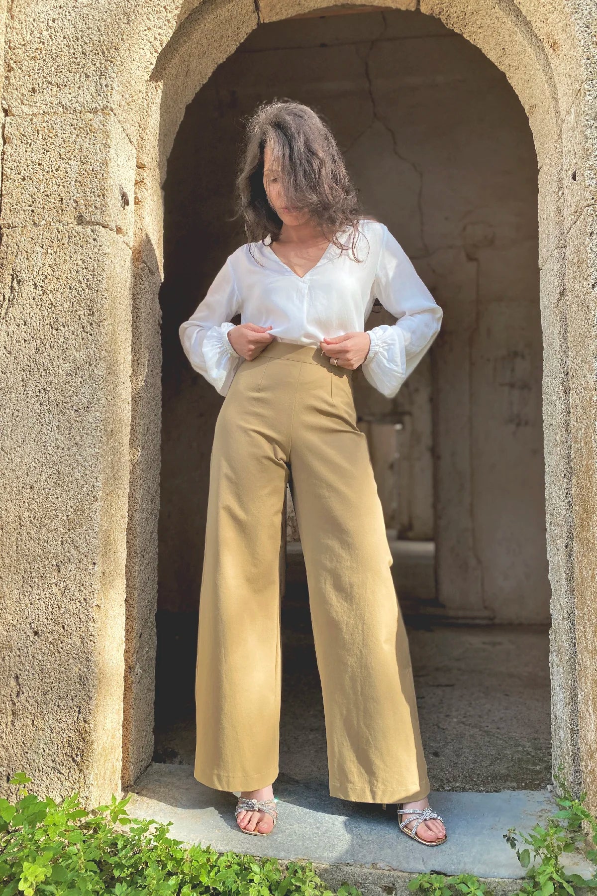 Pantalone palazzo Frida cotone abbigliamento artigianale sostenibile brand etico malia lab
