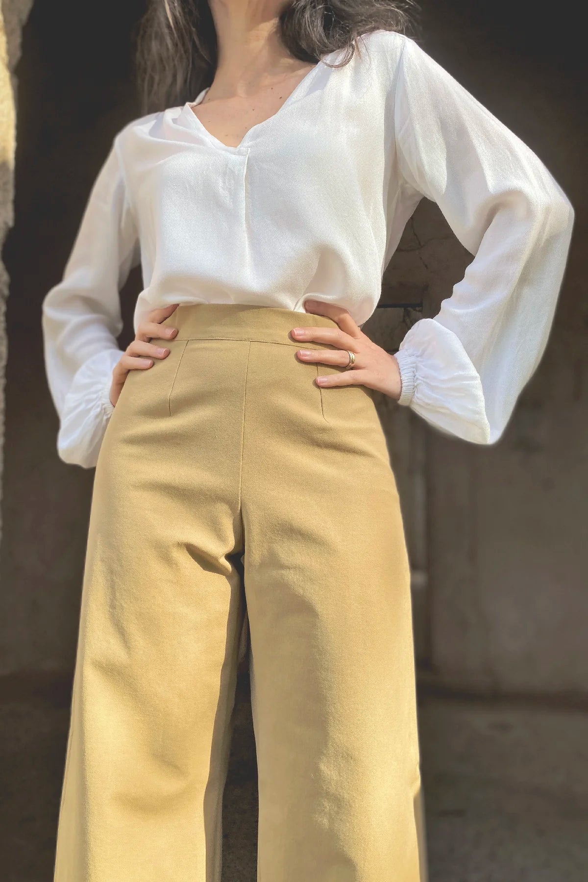 Pantalone palazzo Frida cotone abbigliamento sartoriale sostenibile brand etico malia lab dettaglio
