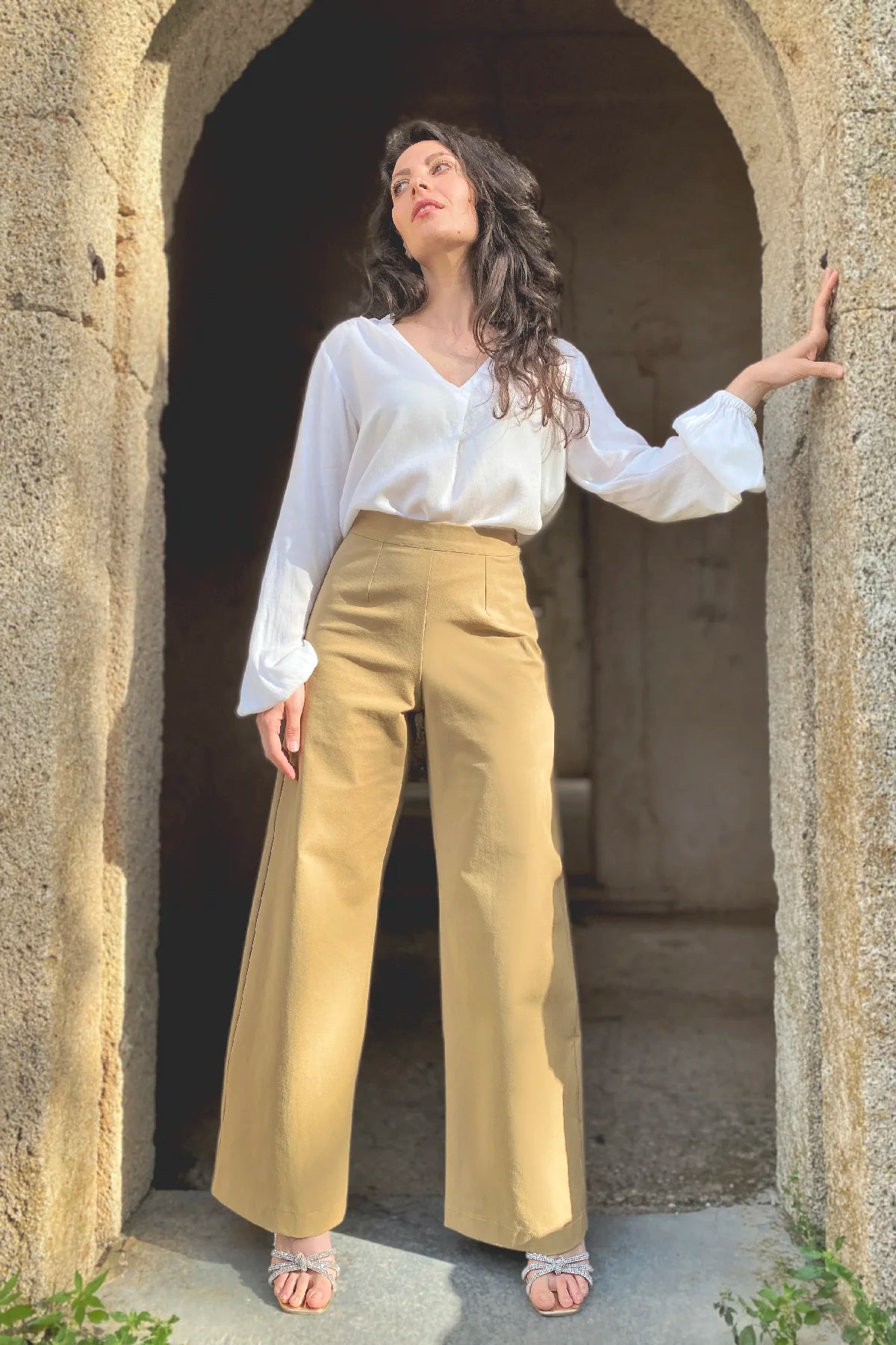 Pantalone palazzo Frida cotone abbigliamento sartoriale sostenibile brand etico malia lab
