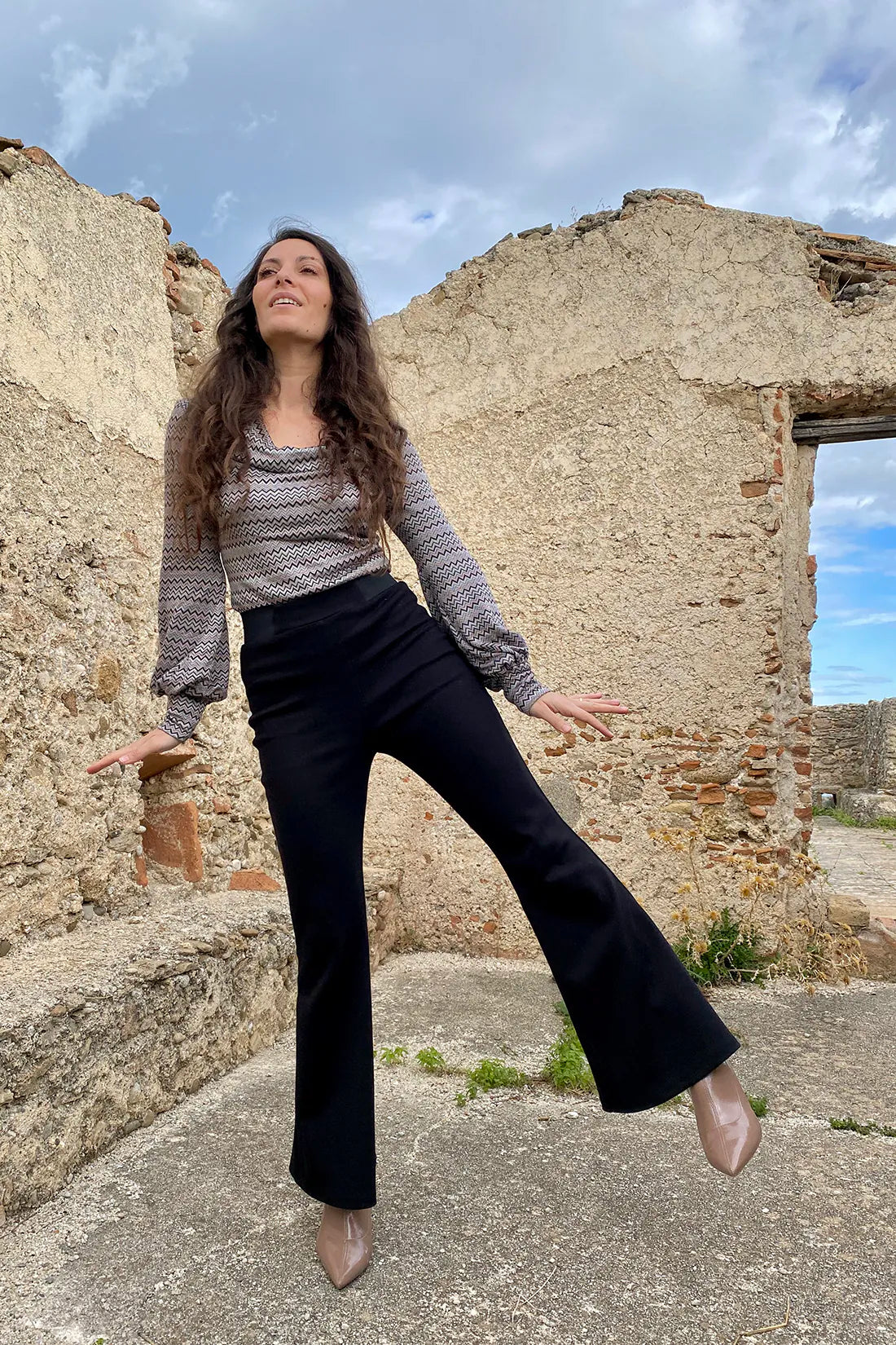 Pantalone slimfit zampa cotone biologico felpato abbigliamento donna sostenibile malia lab zampa
