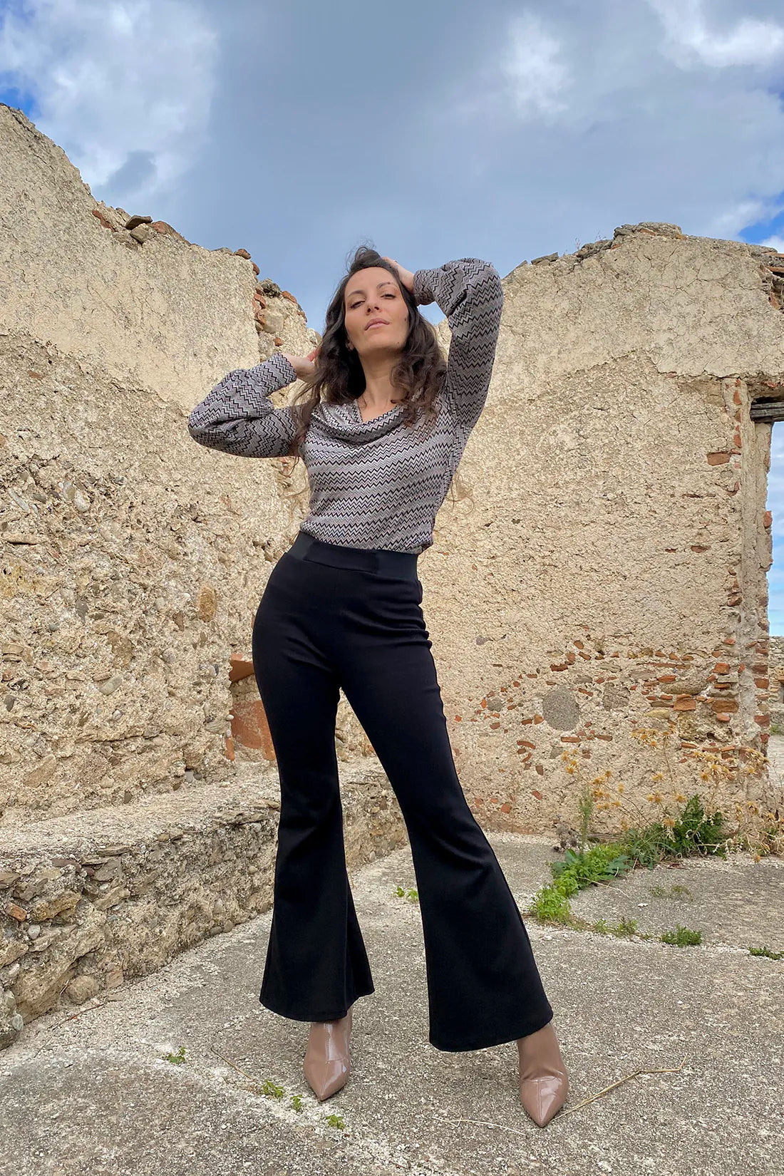 Pantalone slimfit zampa cotone biologico felpato abbigliamento sostenibile malia lab frontale
