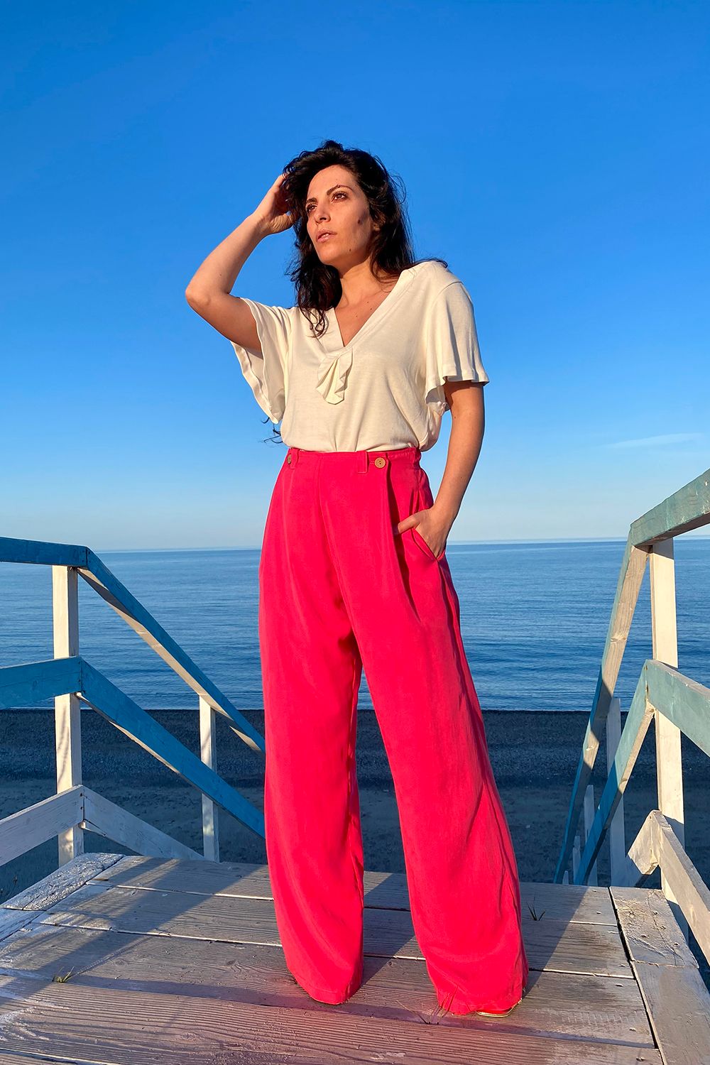 Pantaloni Gabriela tencel lyocell abbigliamento sostenibile brand malia lab vestiti ecosostenibili donna pantaloni sartoriali lampone