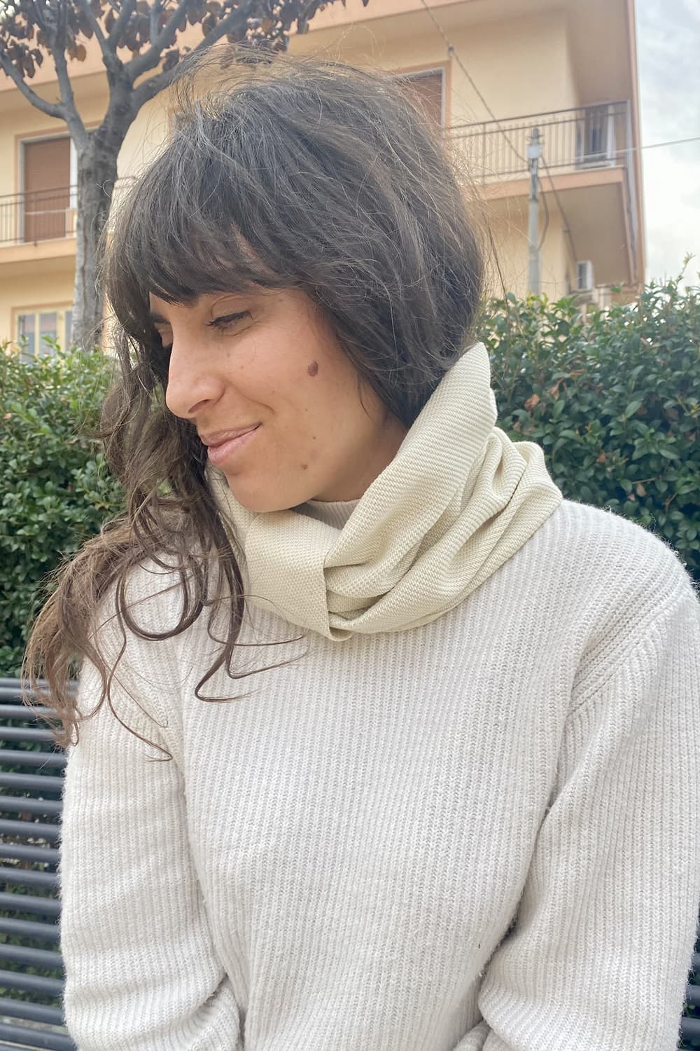Scaldacollo NATHALIE lana cotone abbigliamento sostenibile moda biologica artigianale malia lab Flavia Amato
