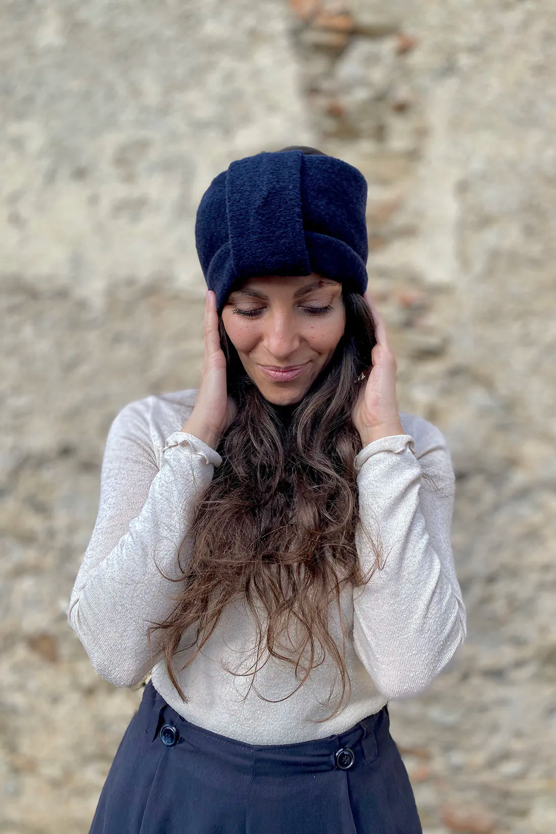 Scaldacollo fascia lana cotta deadstock cotone biologico accessori abbigliamento donna sostenibile malia lab dettaglio frontale
