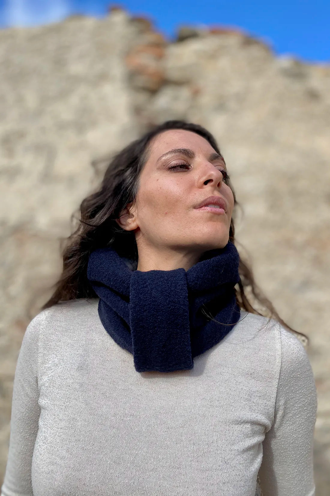 Scaldacollo lana cotta deadstock cotone biologico accessori abbigliamento donna sostenibile malia lab blu notte
