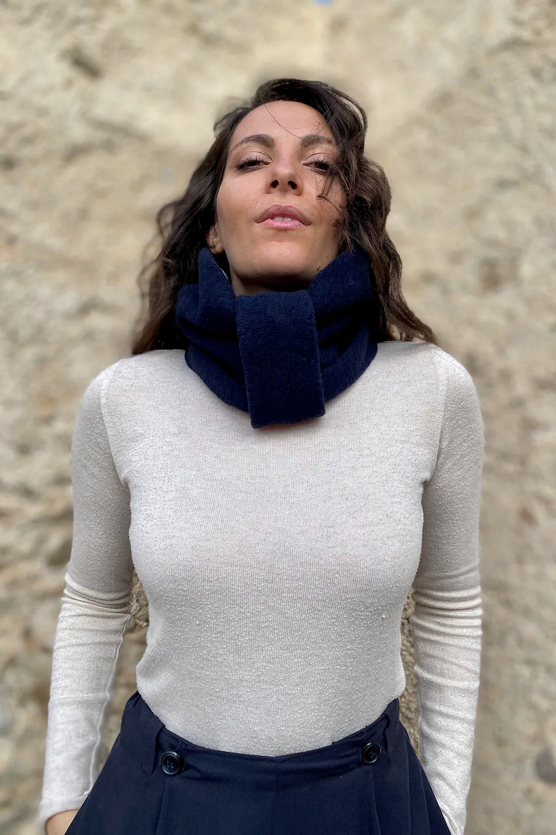 Scaldacollo lana cotta deadstock cotone biologico accessori abbigliamento donna sostenibile malia lab
