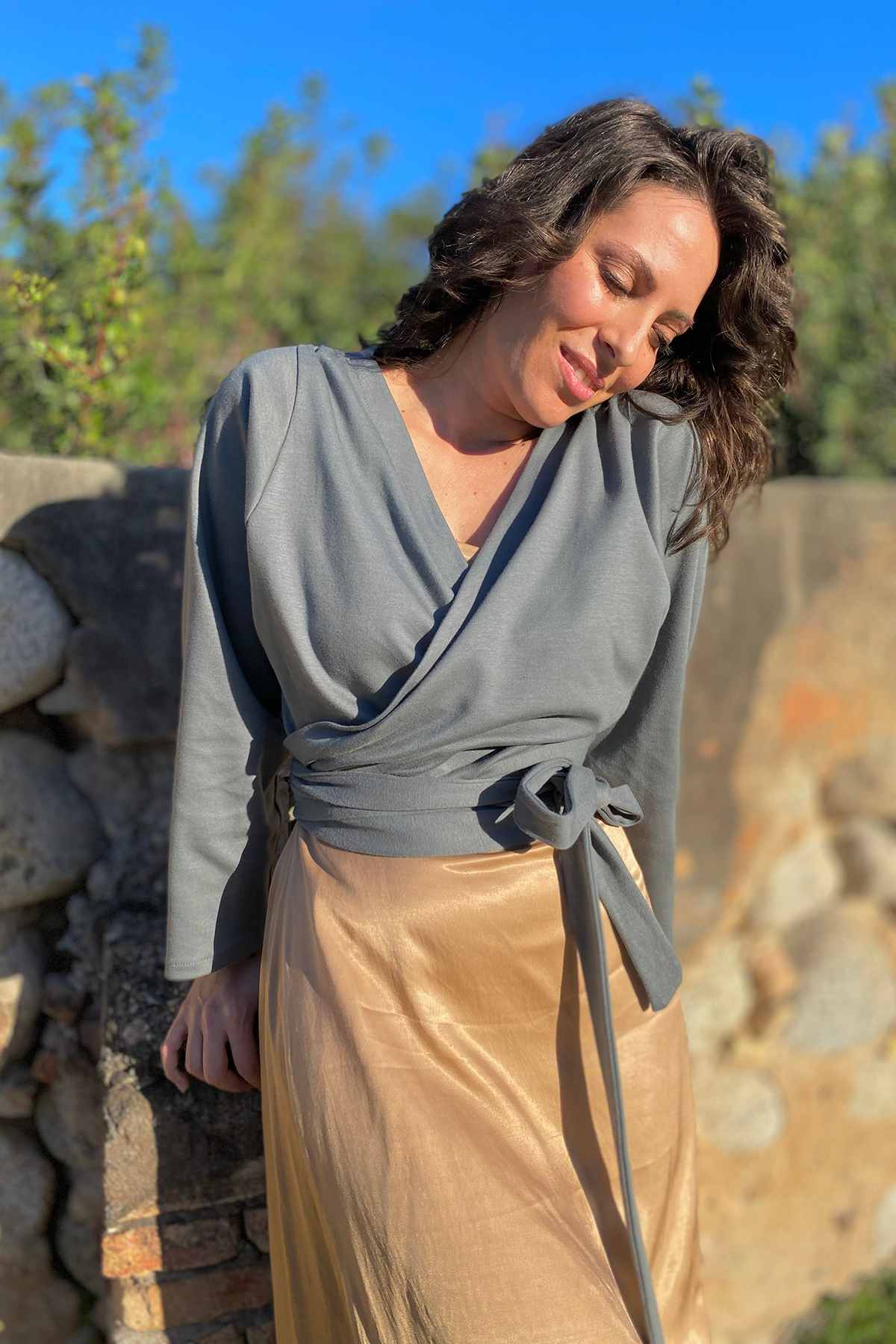 Scaldacuore OLIVIA cotone felpato biologico abbigliamento biologico moda sartoriale responsabile etica brand malia lab dettaglio frontale
