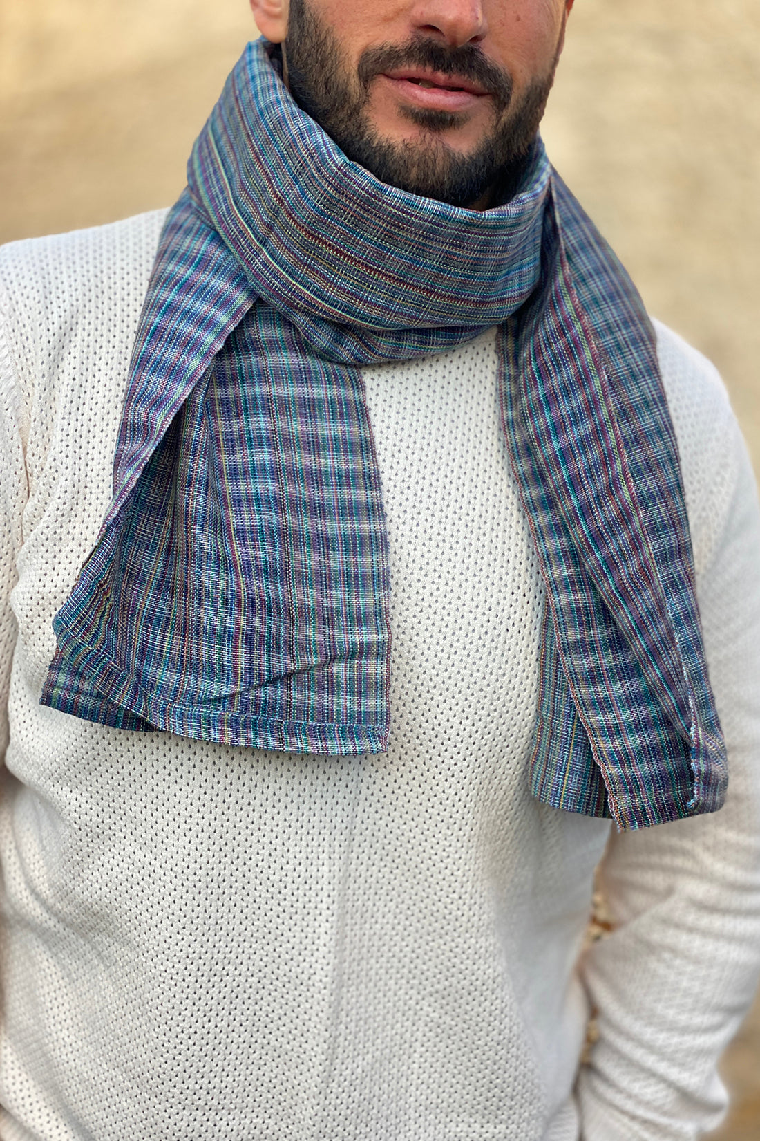 Sciarpa Eccentrica multicolore telaio tradizionale accessori artigianali sostenibili malia lab blu verde
